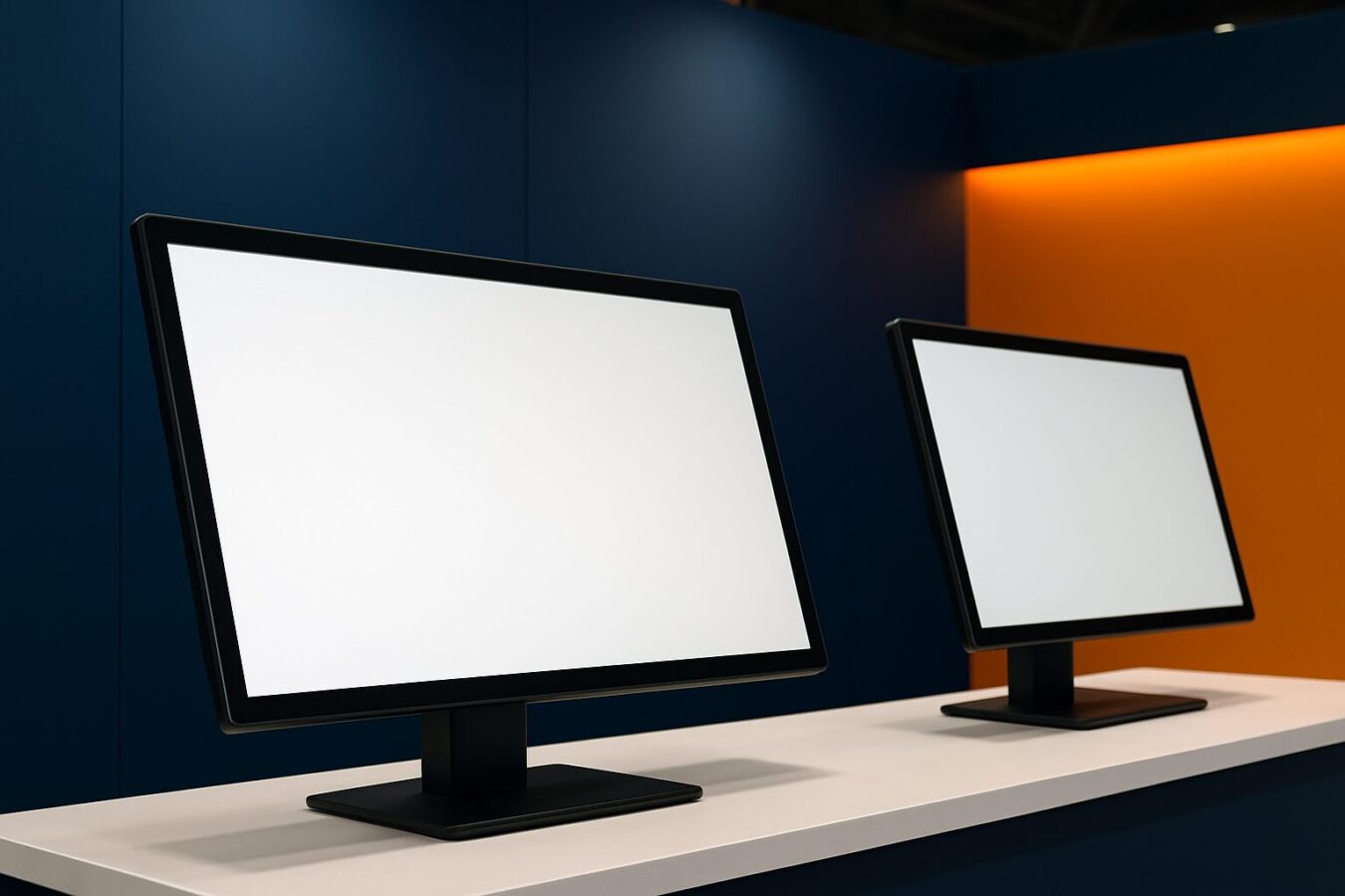 Twee staande digitale touchscreen-displays op een beursvloer met een donkerblauwe standachtergrond en oranje accentverlichting