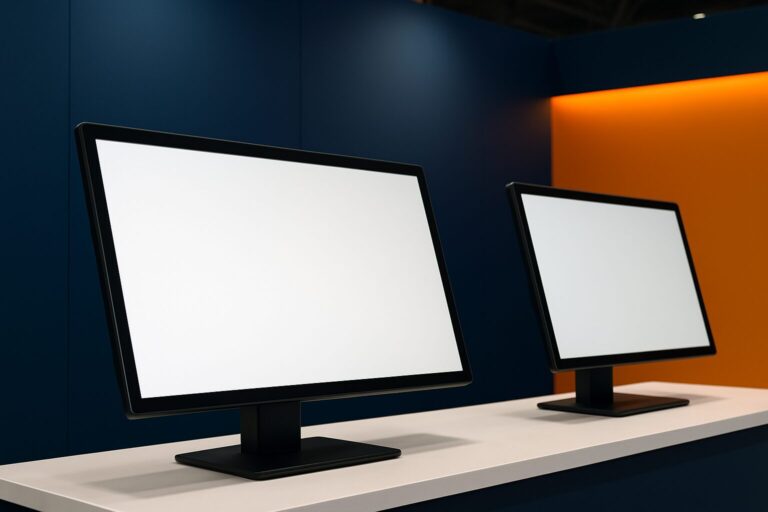 Twee staande digitale touchscreen-displays op een beursvloer met een donkerblauwe standachtergrond en oranje accentverlichting