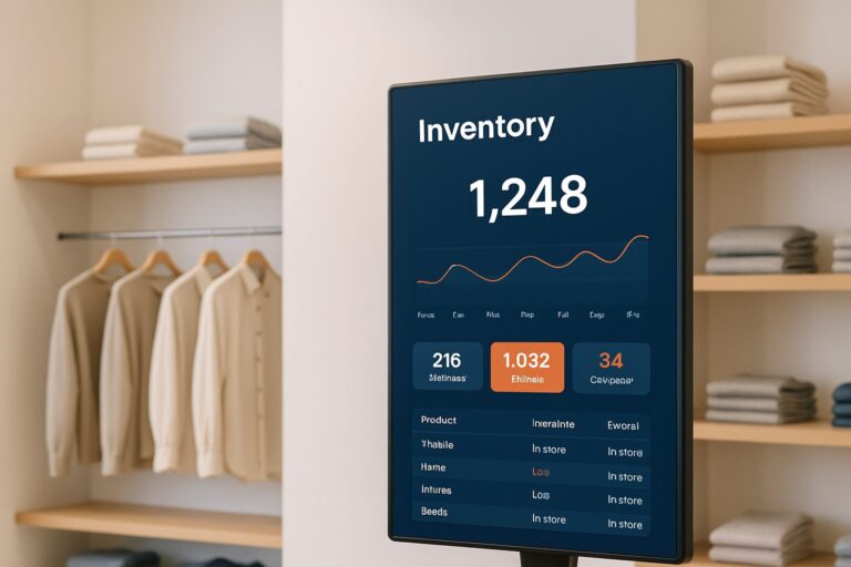 Digitaal retailscherm toont real-time voorraaddata gekoppeld aan kassasysteem, blauwe interface met oranje accenten