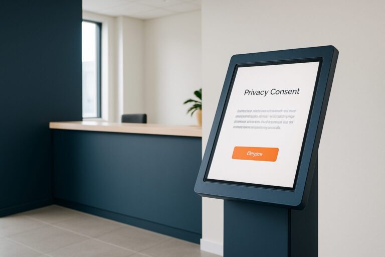 Touchscreen bezoekersregistratie-kiosk bij moderne kantooringang met AVG-privacyverklaring op het scherm