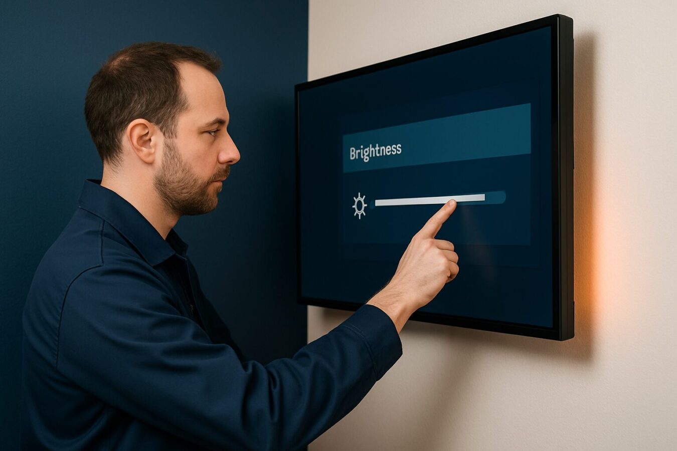 Installateur stelt helderheid in op een commercieel digital signage display aan de muur in een professionele omgeving