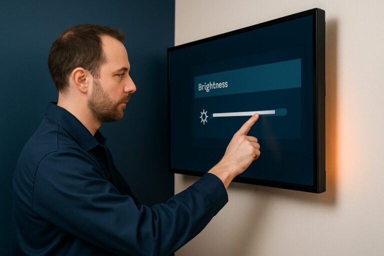 Installateur stelt helderheid in op een commercieel digital signage display aan de muur in een professionele omgeving