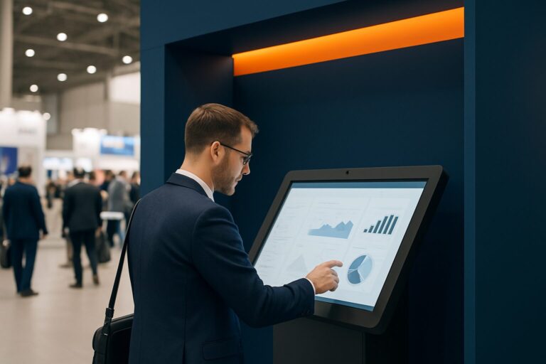 Bezoeker interageert met een interactief touchscreen-display op een Nederlandse beursstand in een drukke beurshal