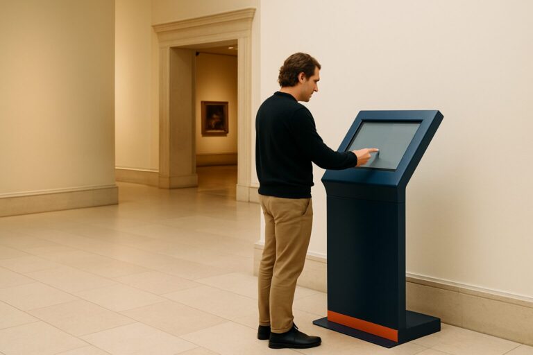 Bezoeker gebruikt een interactieve touchscreen-kiosk in de entreehal van een Nederlands museum met moderne inrichting