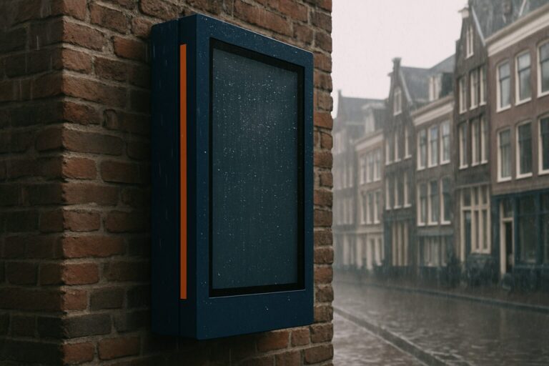 Outdoor digital display met IP65-behuizing in zware regen op een Nederlandse stedelijke locatie, waterdruppels zichtbaar op het scherm