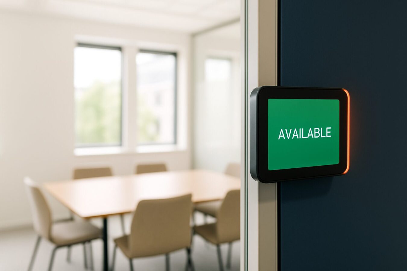 Vergaderzaalscherm aan de wand bij een glazen vergaderruimte toont groene beschikbaarheidsstatus gekoppeld aan Outlook