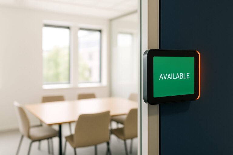 Vergaderzaalscherm aan de wand bij een glazen vergaderruimte toont groene beschikbaarheidsstatus gekoppeld aan Outlook