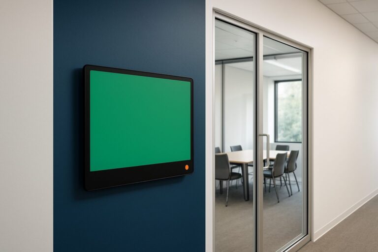 Touchscreen meeting room display naast glazen vergaderzaaldeur toont beschikbaarheidsstatus in kantooromgeving