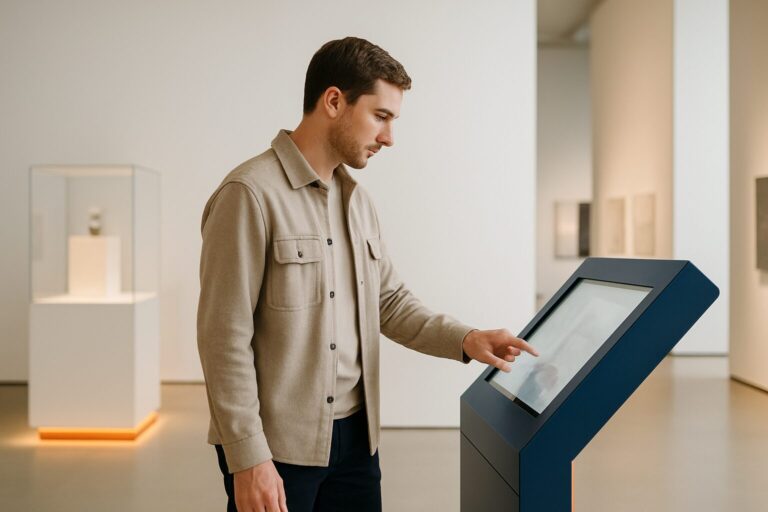 Bezoeker bedient een interactieve museumkiosk met touchscreen in een moderne tentoonstellingsruimte