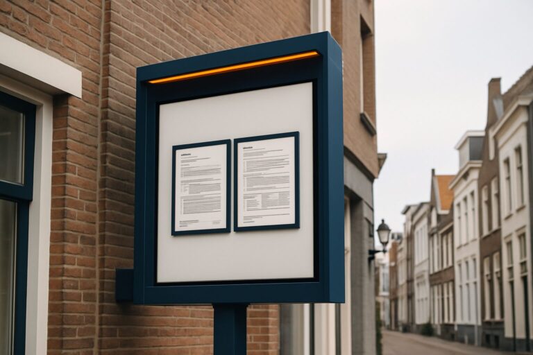 Outdoor digital display aan een gevel in een Nederlandse binnenstad, met een gemeentelijk vergunningsdocument op de voorgrond