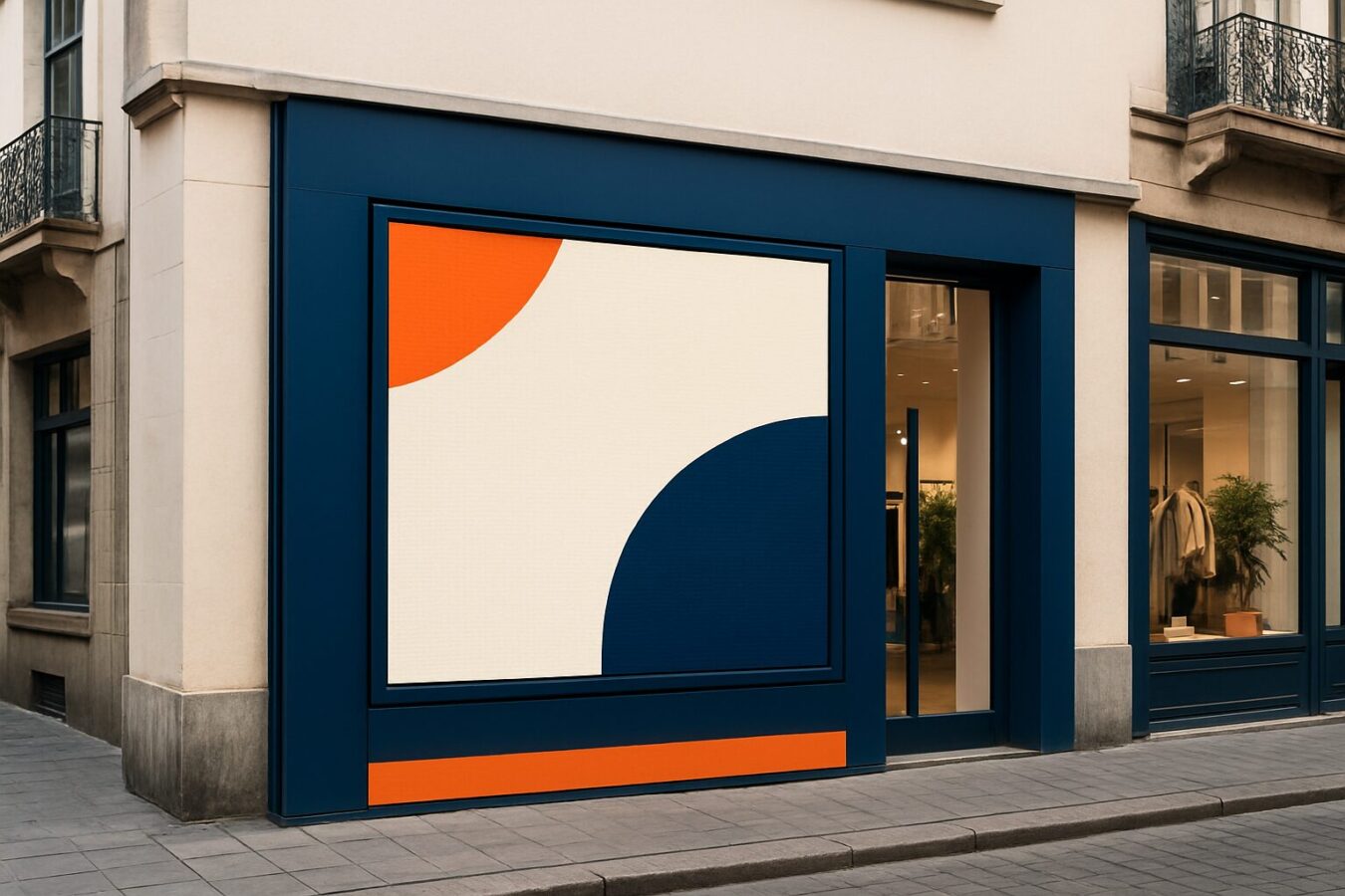 Digitaal outdoor LED-scherm aan de gevel van een Belgische winkelstraat, zichtbaar in daglicht met heldere content