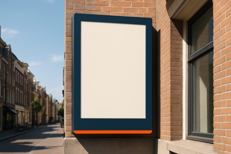 Outdoor digital signage display op een zonnige gevel in een Nederlandse winkelstraat, zichtbaar bij fel daglicht