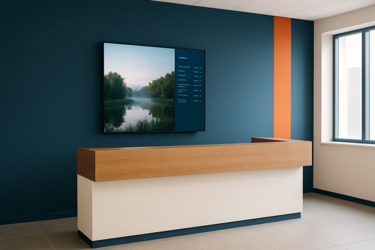 Moderne kantierreceptie met een groot digitaal display met rustgevende natuurbeelden en dagprogramma-informatie in blauw en oranje kantooromgeving