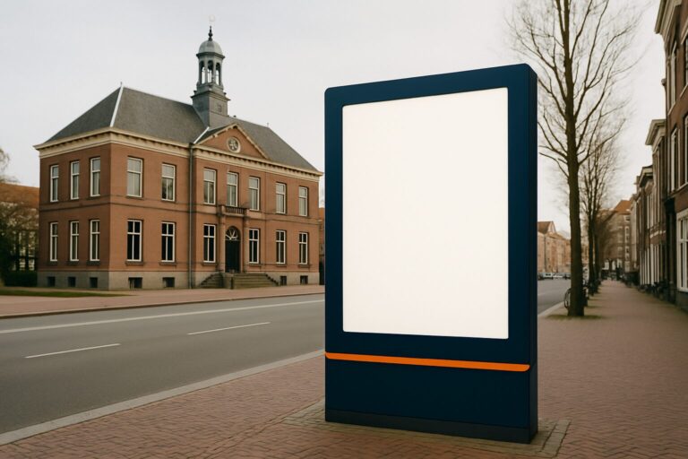Outdoor digital display op een Nederlandse winkelstraat met gemeentelijk gebouw op de achtergrond, overdag gefotografeerd
