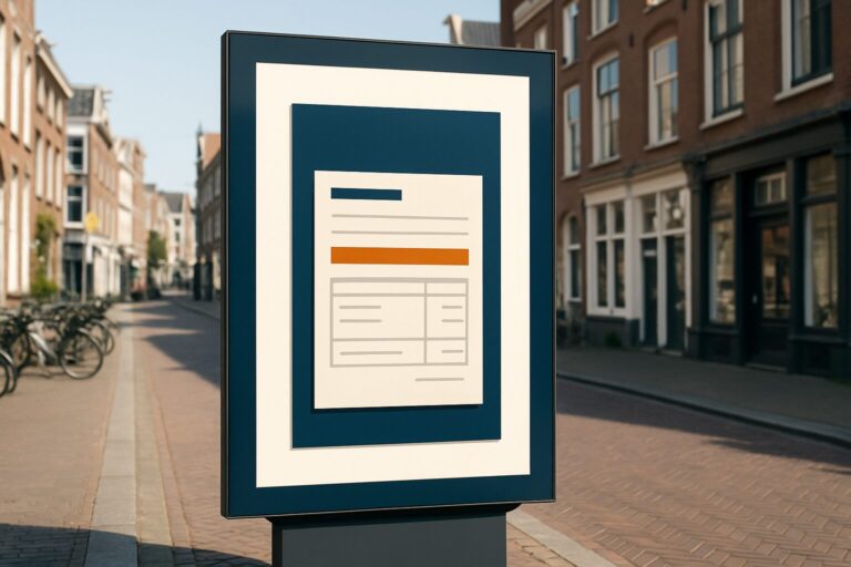 Outdoor digitaal reclamescherm op een Nederlandse winkelstraat met gemeentelijke belastingdocumenten op de voorgrond