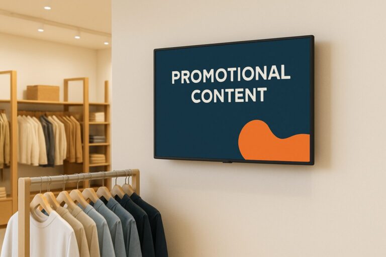 Professioneel narrowcastingscherm van 43 inch in een retailwinkel, gemonteerd op de wand met promotionele content op ooghoogte