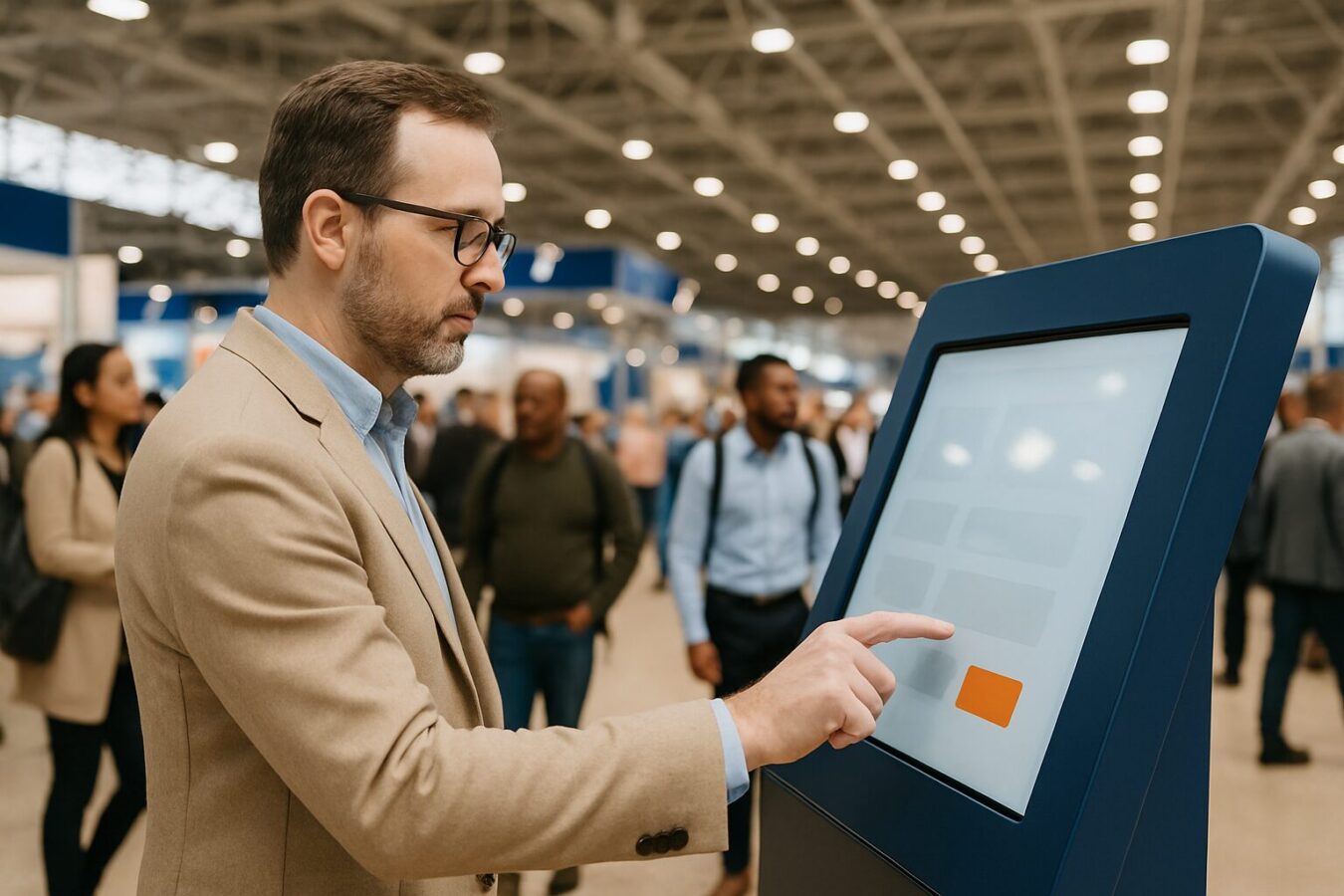 Bezoeker tikt op een touchscreen kiosk met oranje UI-knoppen in een Nederlandse beurshal met diverse bezoekers op de achtergrond