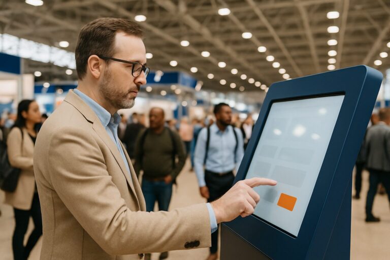 Bezoeker tikt op een touchscreen kiosk met oranje UI-knoppen in een Nederlandse beurshal met diverse bezoekers op de achtergrond