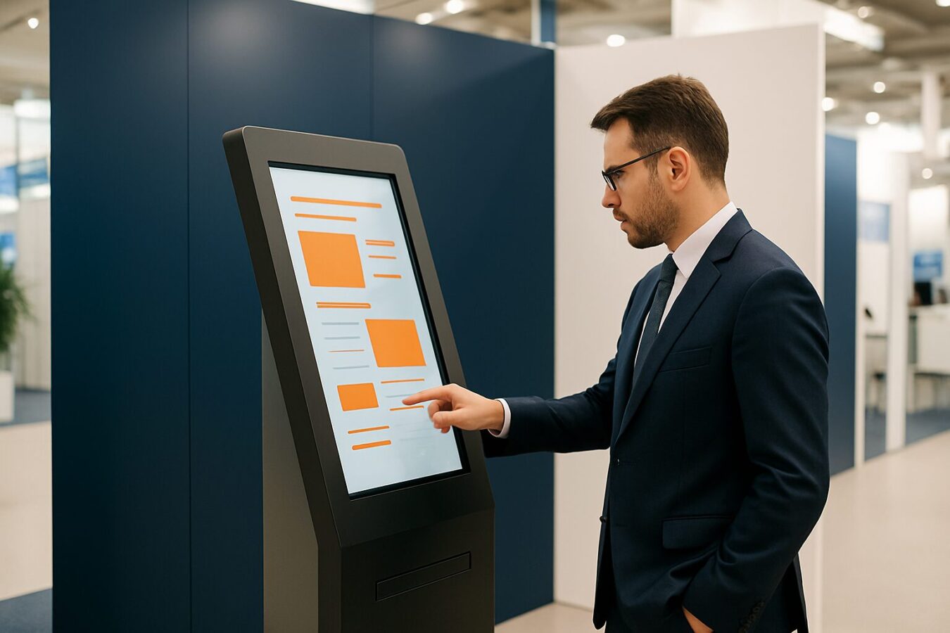Bezoeker gebruikt een touchscreen kiosk op een beursstand met blauw en oranje merkuitstraling