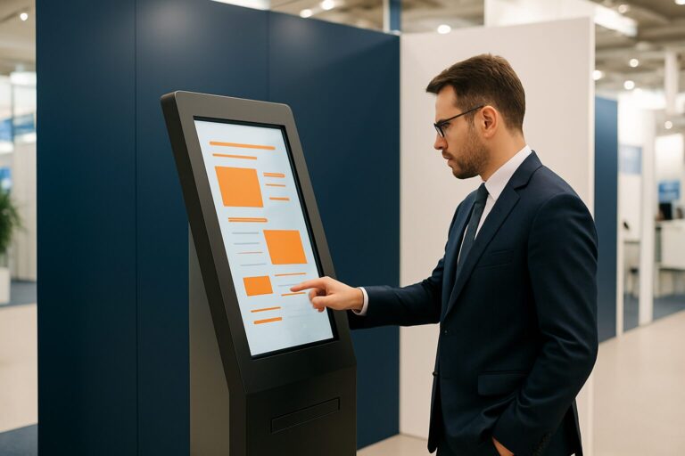 Bezoeker gebruikt een touchscreen kiosk op een beursstand met blauw en oranje merkuitstraling