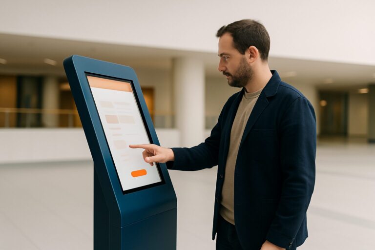 Installateur test een staande touchscreen kiosk op gebruiksvriendelijkheid in een moderne publieksruimte