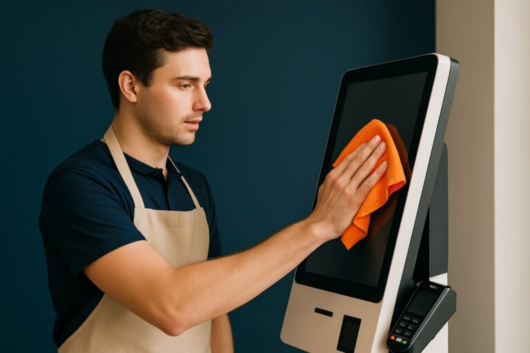 Horecamedewerker reinigt een touchscreen kiosk met een microvezeldoek in een restaurant, hygiënische omgeving