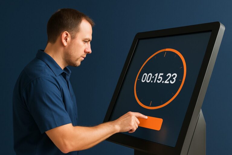 Installateur test de touch-latency van een publieke touchscreen kiosk met een stopwatch in de hand