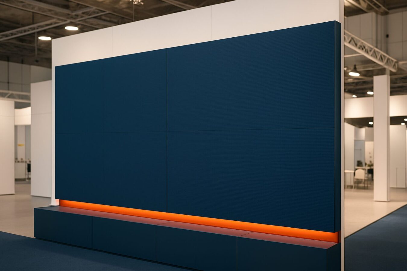 Close-up van een LED-videowall op een Nederlandse beursstand met scherpe pixelstructuur en naadloze panelen