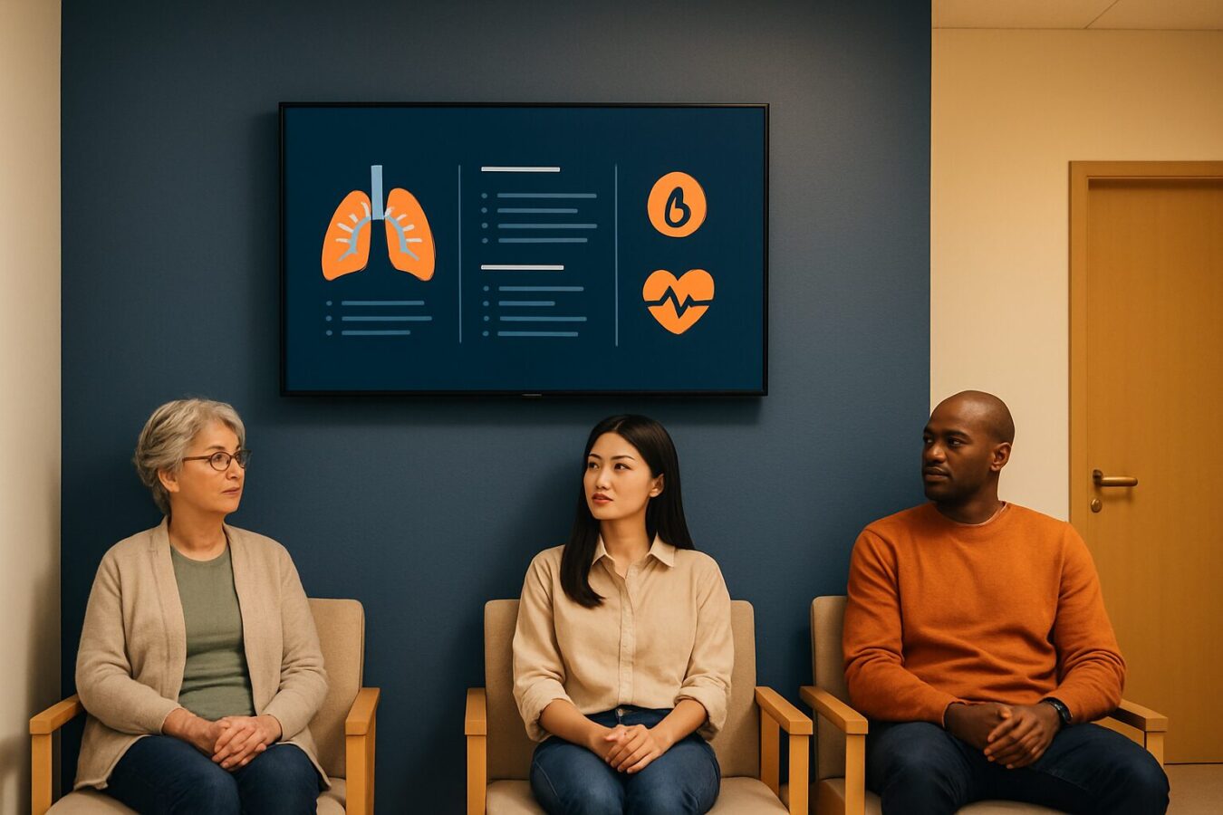 Professioneel 43 inch wachtkamerscherm aan de muur in een huisartsenpraktijk met patiëntinformatie op het display