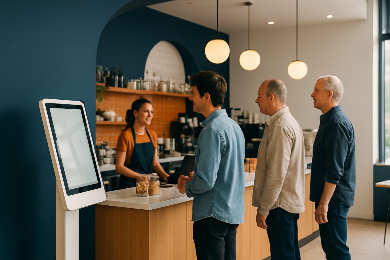 Digitale bestelzuil bij een cafécounter in Nederland — gasten bestellen zelfstandig via touchscreen om de wachtrij te verkorten