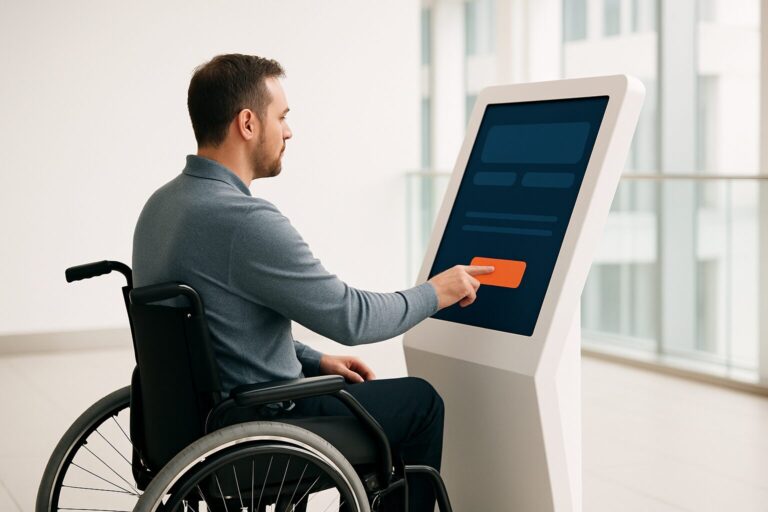 Persoon in rolstoel bedient een toegankelijke touchscreen informatiezuil in een moderne publieke ruimte met blauw-oranje interface